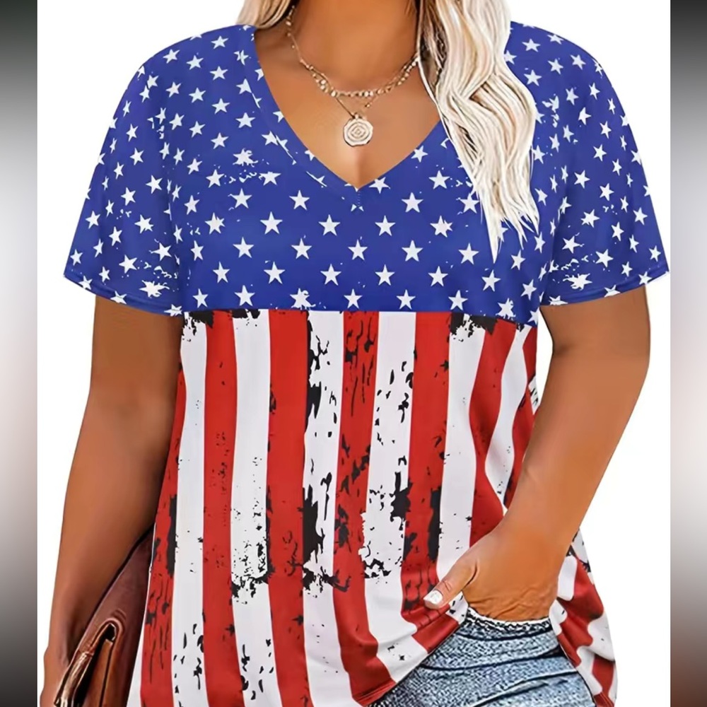 American Flag Red, White, & Blue Print Short Sleeve V-Neck Slight Stretch Tee 2X